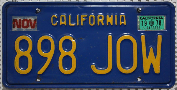 CALIFORNIA Typ Blau/Gelb - Nummernschild # 898JOW =