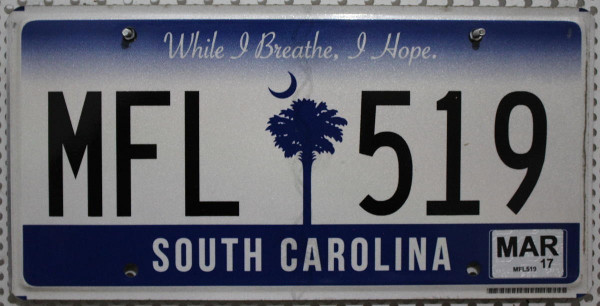 SOUTH CAROLINA - Nummernschild # MFL519 =