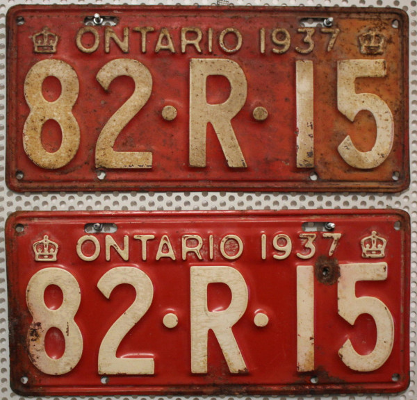 ONTARIO 1937 Oldtimer Schilder PAAR - Kanada Nummernschilder # 82R15