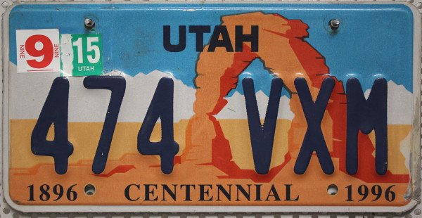 UTAH 1896 Centennial 1996 - Nummernschild # 474VXM =