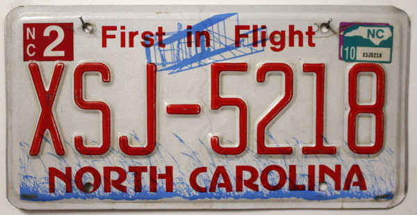 NORTH CAROLINA First in Flight - Nummernschild # XSJ5218 =
