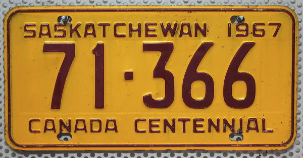 SASKATCHEWAN 1967 Centennial - Nummernschild # 71366