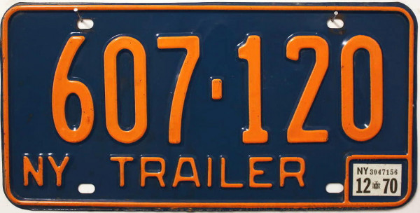 NY New York 1970 Trailer Nummernschild # 607120 =