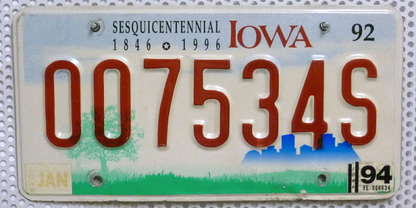 IOWA Sesquicentennial - Nummernschild # 007534S =