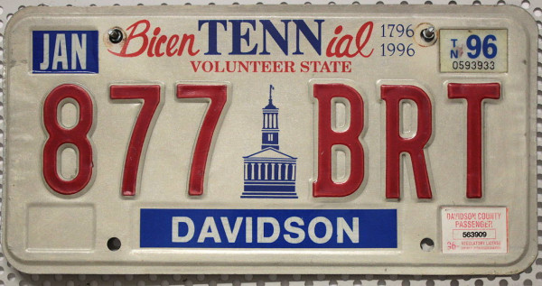 TENNESSEE Volunteer State - Nummernschild # 877BRT - Davidson County