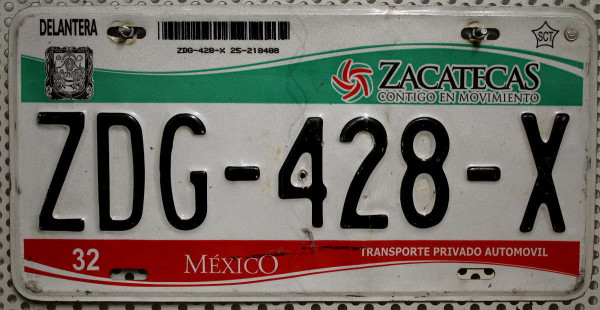 ZACATECAS - Mexiko Nummernschild # ZDG428X