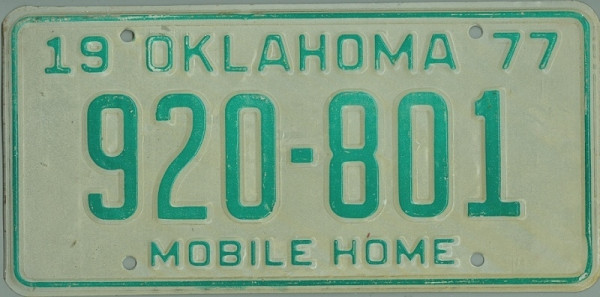 OKLAHOMA - Nummernschild # 1977 Mobile Home (920801)