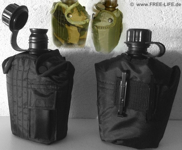 Wasserflasche mit Stoffmantel und Halterung