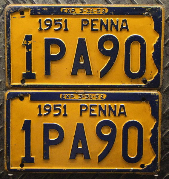 PENNSYLVANIA (Penna) 1951 Oldtimer Nummernschilder PAAR # 1PA90