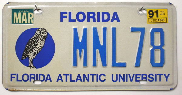 FLORIDA Atlantic University - Nummernschild # MNL78 =