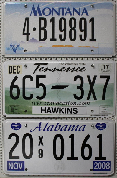 3 Schilder-Pack Nummernschilder SET Kennzeichen LOT # U.S.-States: Alabama + Montana + Tennessee