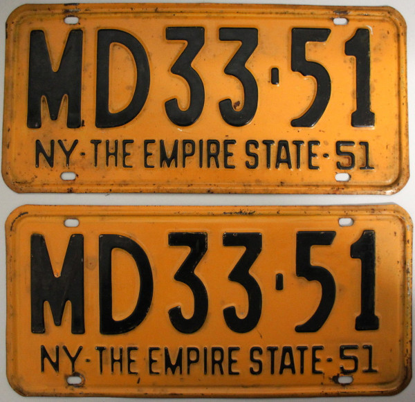 NY (NEW YORK) 1951 Oldtimer Schilder PAAR - USA Nummernschilder # MD3351 ≡