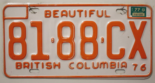 BRITISH COLUMBIA 1976 1977 - Nummernschild # 8188CX =