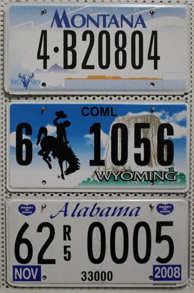 3 Schilder-Pack Nummernschilder SET Kennzeichen LOT # U.S.-States: Wyoming + Montana + Alabama
