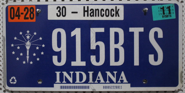 INDIANA Hancock County - Nummernschild # 915BTS