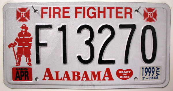 ALABAMA Feuerwehr / FIREFIGHTER - Nummernschild # F13270 =