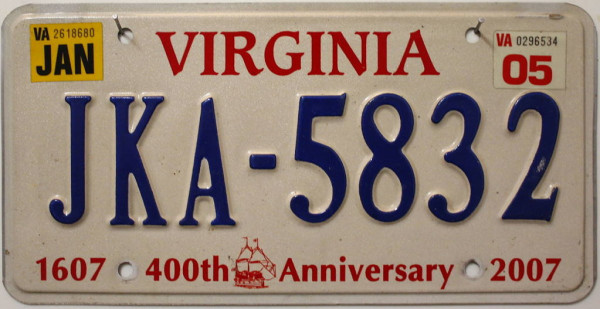 VIRGINIA 1607 2007 - Nummernschild # JKA5832 =