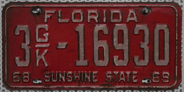 FLORIDA 1968 1969 Oldtimer Nummernschild # 3GK-16930