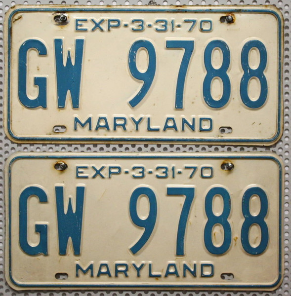 MARYLAND 1970 Oldtimer Schilder PAAR - USA Nummernschilder # GW9788
