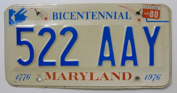 MARYLAND Bicentennial - Nummernschild # 522AAY =