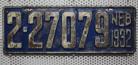 NEBRASKA 1932 Oldtimer Nummernschild # 227079
