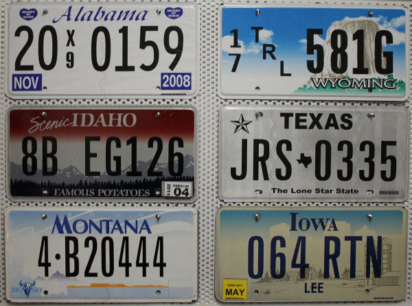 6 Schilder-Pack Nummernschilder SET Kennzeichen LOT # U.S.-States: IA + ID + TX + WY + AL + MT