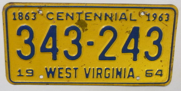 WEST VIRGINIA 1964 Centennial Nummernschild # 343243 ≡