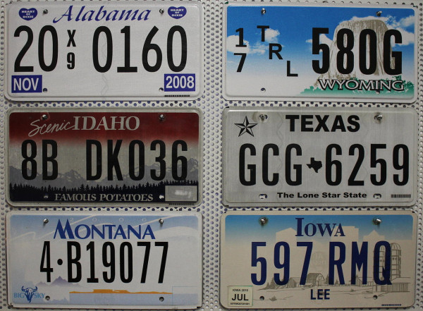 6 Schilder-Pack Nummernschilder SET Kennzeichen LOT # U.S.-States: IA + ID + TX + WY + AL + MT