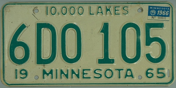 MINNESOTA 1965 / 1966 Oldtimer Nummernschild # 6D0105 =