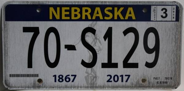 NEBRASKA (Sesquicentennial 1867 2017) - Nummernschild # 70-S129 =