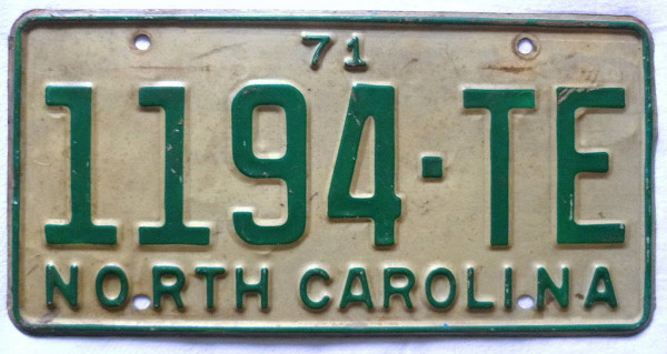 NORTH CAROLINA 1971 Oldtimer Nummernschild # 1194TE