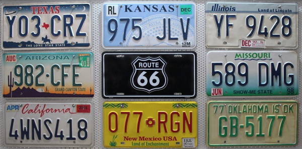 9 Schilder-Pack von der ROUTE 66 als SET Kennzeichen LOT # States: AZ CA IL KS MO NM OK TX + 1xDeko