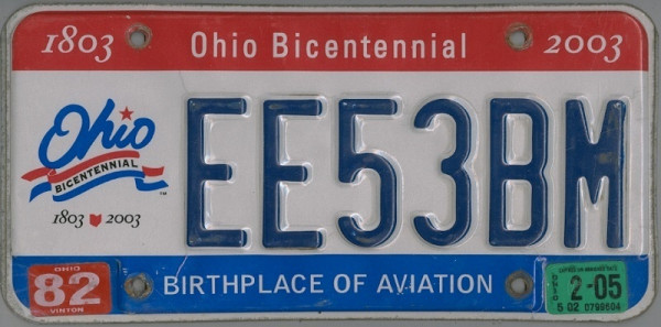 OHIO Bicentennial 1803 2003 - Nummernschild # EE53BM =