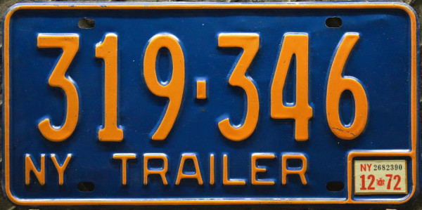 NY New York 1972 Trailer Nummernschild # 319346 =