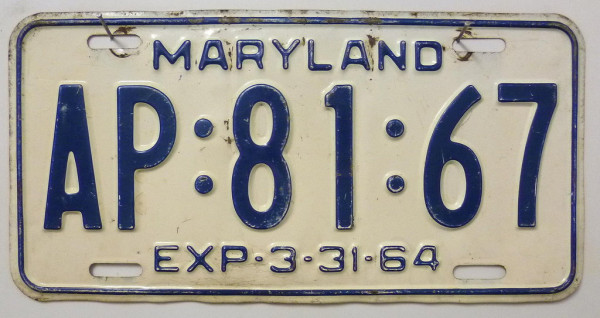 MARYLAND 1964 Oldtimer Nummernschild # AP8167