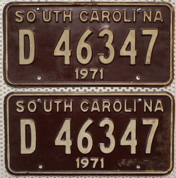 SOUTH CAROLINA 1971 Oldtimer Schilder PAAR - USA Nummernschilder # D46347 ≡