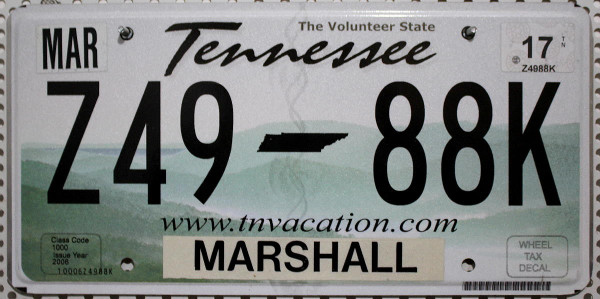 TENNESSEE The Volunteer State - Nummernschild # Marshall County Z4988K