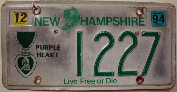NEW HAMPSHIRE mit Motiv Purple Heart Medal - Nummernschild # 1227 =