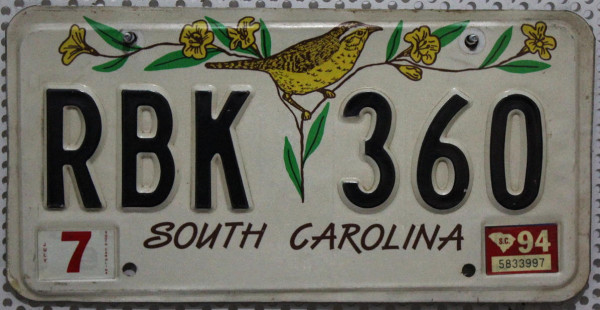 SOUTH CAROLINA - Nummernschild # RBK360 =