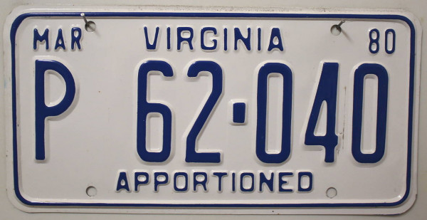 VIRGINIA Apportioned - Nummernschild # P.62040