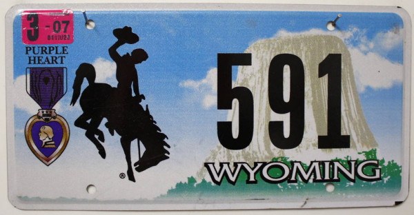 WYOMING mit Motiv Purple Heart Medal - Nummernschild # 591 ≡