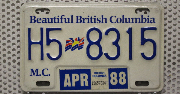 Motorradkennzeichen BRITISH COLUMBIA M.C. - Nummernschild # H58315 =