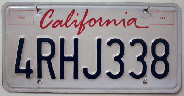 CALIFORNIA Schreibschrift Typ - Nummernschild # 4RHJ338 ...
