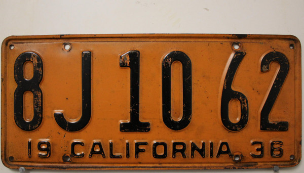 CALIFORNIA 1936 Oldtimer-Nummernschild # 8J1062 ≡