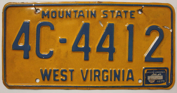 WEST VIRGINIA 1971 Oldtimer Nummernschild # 4C4412 =