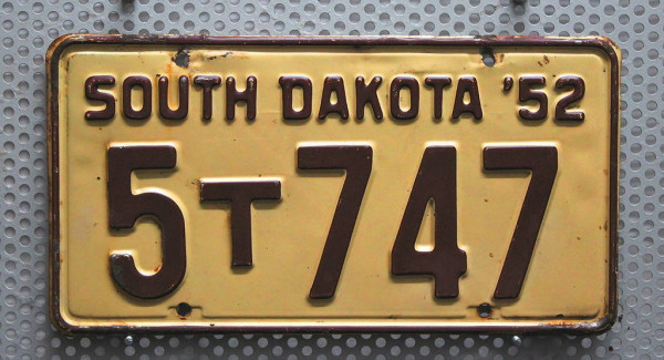 SOUTH DAKOTA 1952 Oldtimer Nummernschild # 5T747