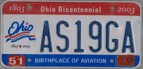 OHIO Bicentennial 1803 2003 - Nummernschild # AS19GA =