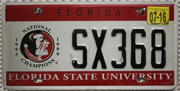 FLORIDA State University - Nummernschild # SX368 =