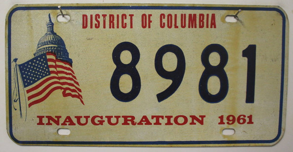 DISTRICT OF COLUMBIA Inauguration 1961 - Oldtimer Nummernschild # 8981