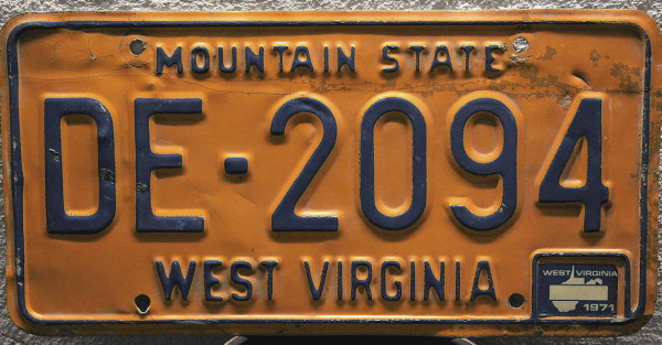 WEST VIRGINIA 1971 Oldtimer Nummernschild # DE2094 =